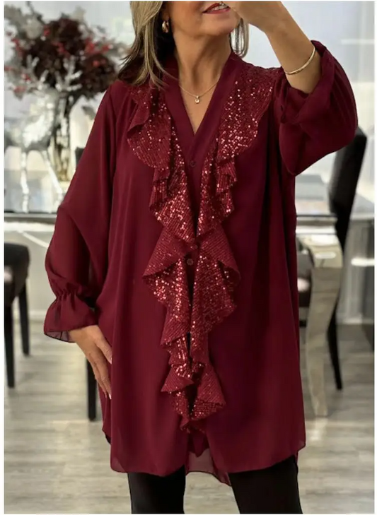 Noésa - Hemdblusenkleid für Damen mit langen Ärmeln, A-Linien-Schnitt, mit funkelnden Volants