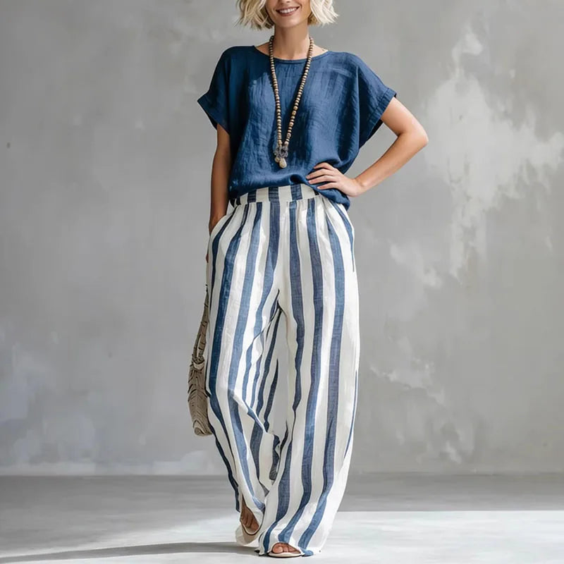 Lässiges Zweiteiler Set mit Top für Damen – Luftiges Sommer Outfit mit Streifen & Weithose