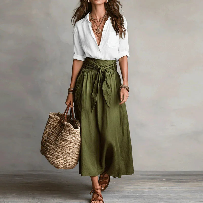 Elegantes Zweiteiler Set mit Bluse für Damen – Fließender Maxirock mit Bindegürtel