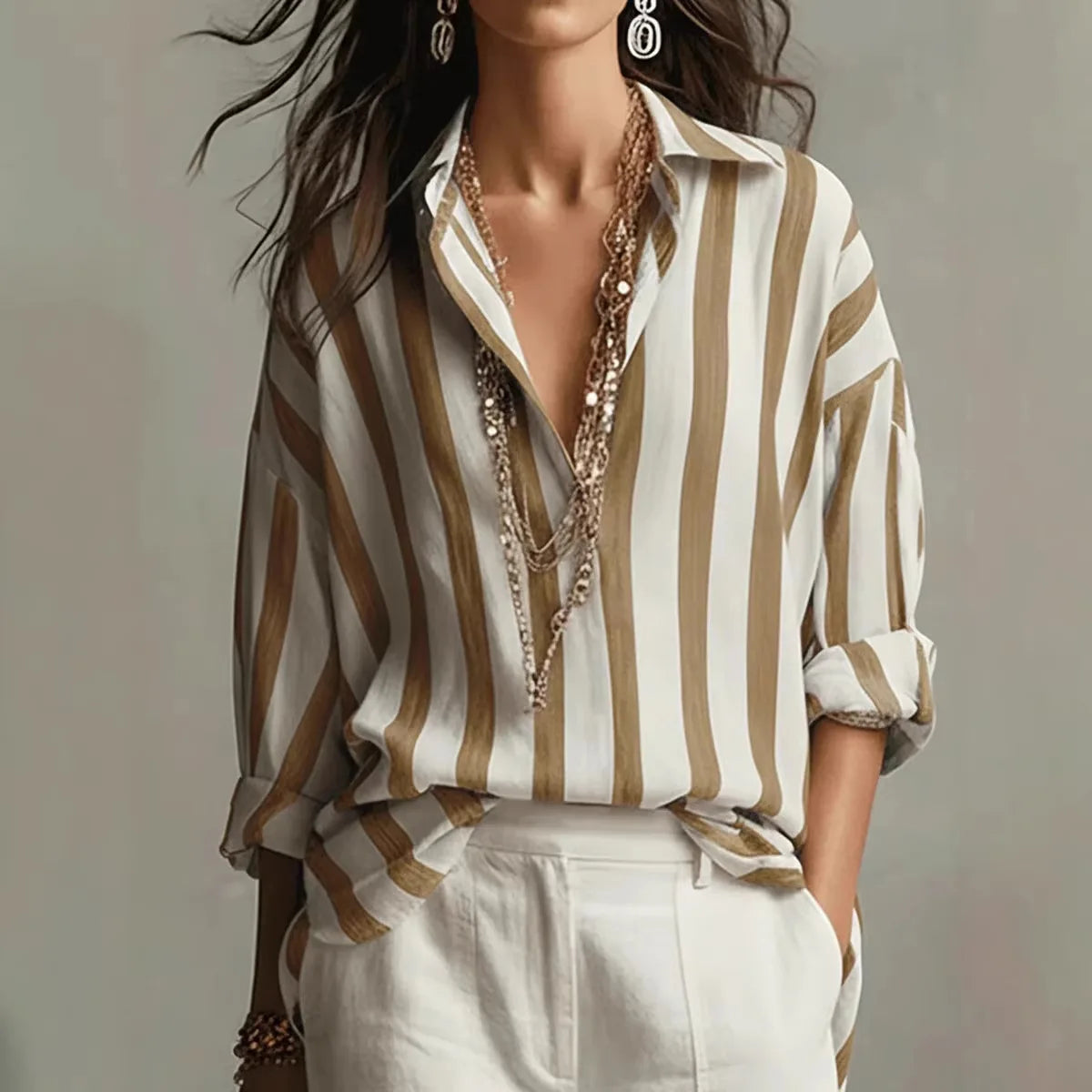 Lässige Streifenbluse mit V-Ausschnitt für Damen – Luftige Langarmbluse im Oversize Look