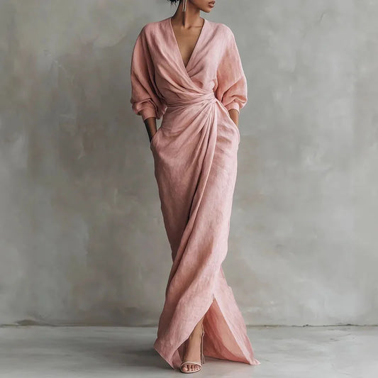 Elegantes Maxikleid mit Drapierung für Damen – Figurbetontes Wickelkleid mit V-Ausschnitt