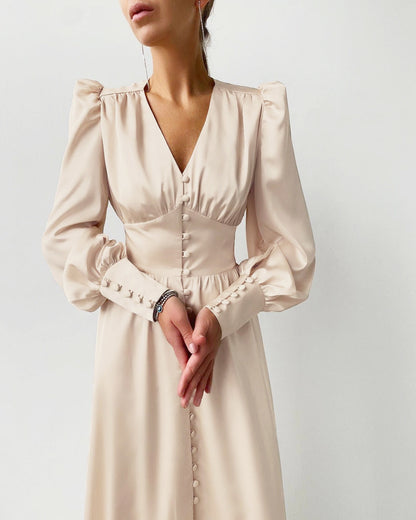 Elegantes Midi Kleid mit V-Ausschnitt & Knopfleiste – Fließendes Langarmkleid für Damen