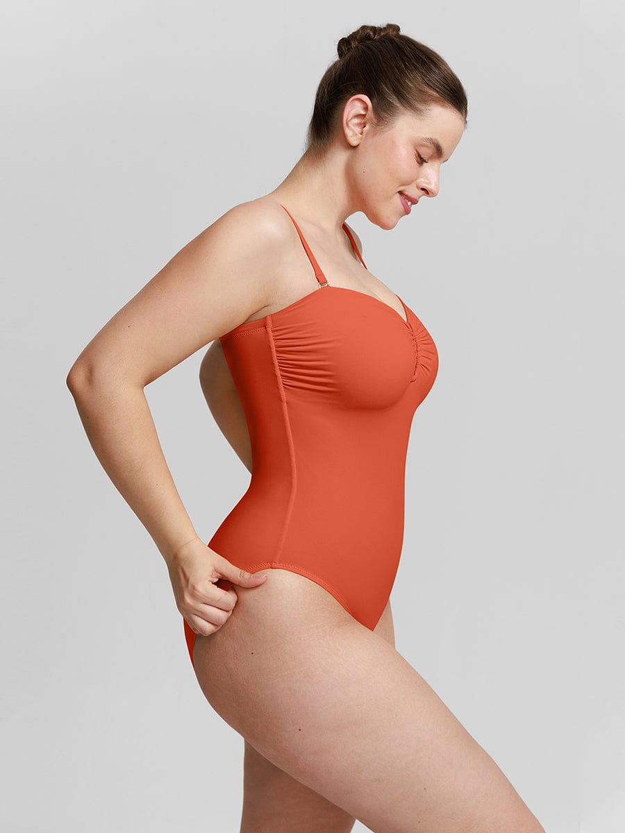 Figurformender Bandeau Badeanzug mit V-Ausschnitt & Trägern – Eleganter Shaping Swimsuit für Damen