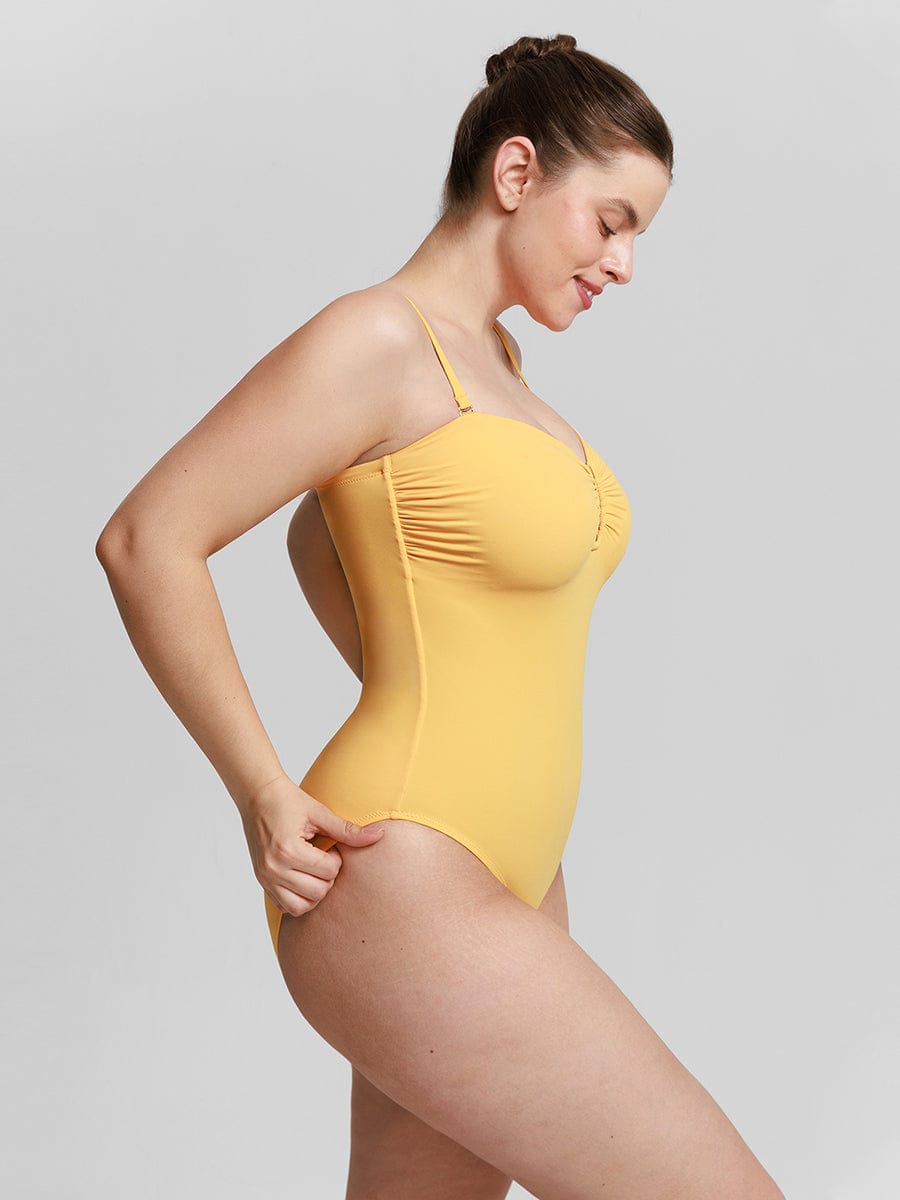 Figurformender Bandeau Badeanzug mit V-Ausschnitt & Trägern – Eleganter Shaping Swimsuit für Damen