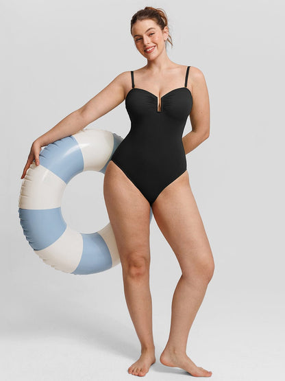 Figurformender Bandeau Badeanzug mit V-Ausschnitt & Trägern – Eleganter Shaping Swimsuit für Damen