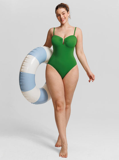 Figurformender Bandeau Badeanzug mit V-Ausschnitt & Trägern – Eleganter Shaping Swimsuit für Damen