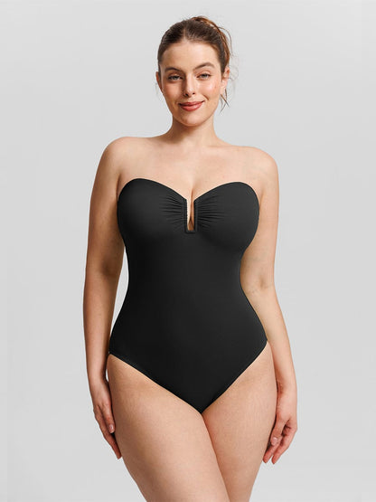 Figurformender Bandeau Badeanzug mit V-Ausschnitt & Trägern – Eleganter Shaping Swimsuit für Damen