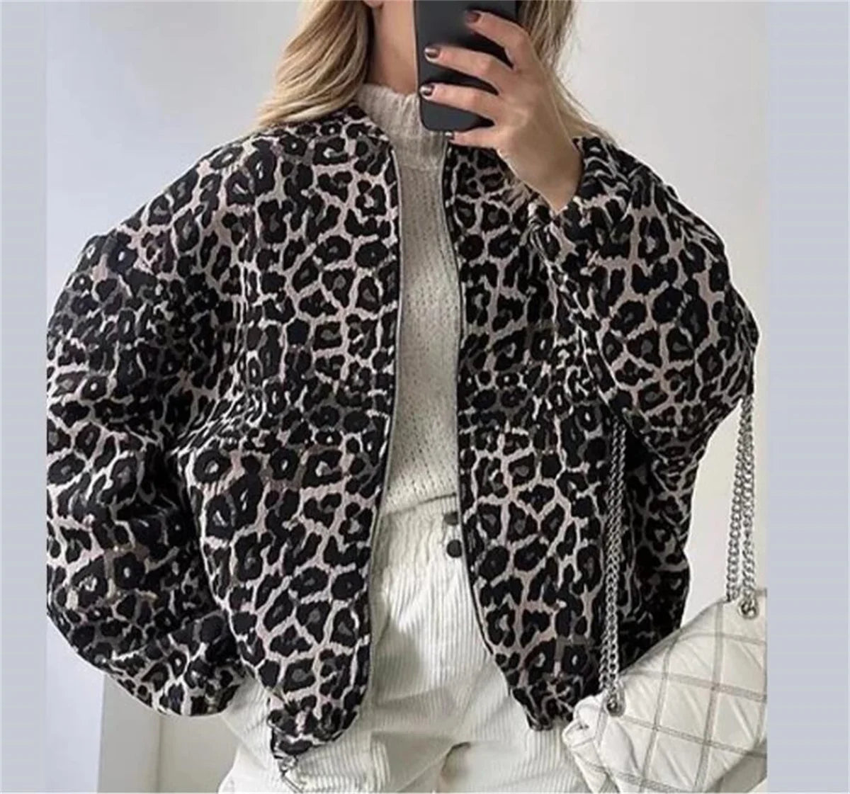 Leopard Print Bomberjacke – Lässige Übergangsjacke mit Reißverschluss für Damen
