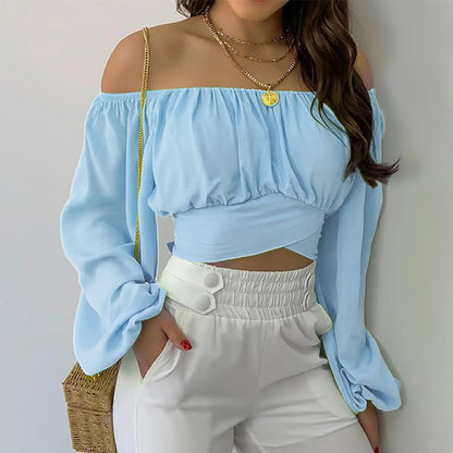Figurbetontes Off-Shoulder Crop Top für Damen – Elegante Bluse mit Wickel-Design