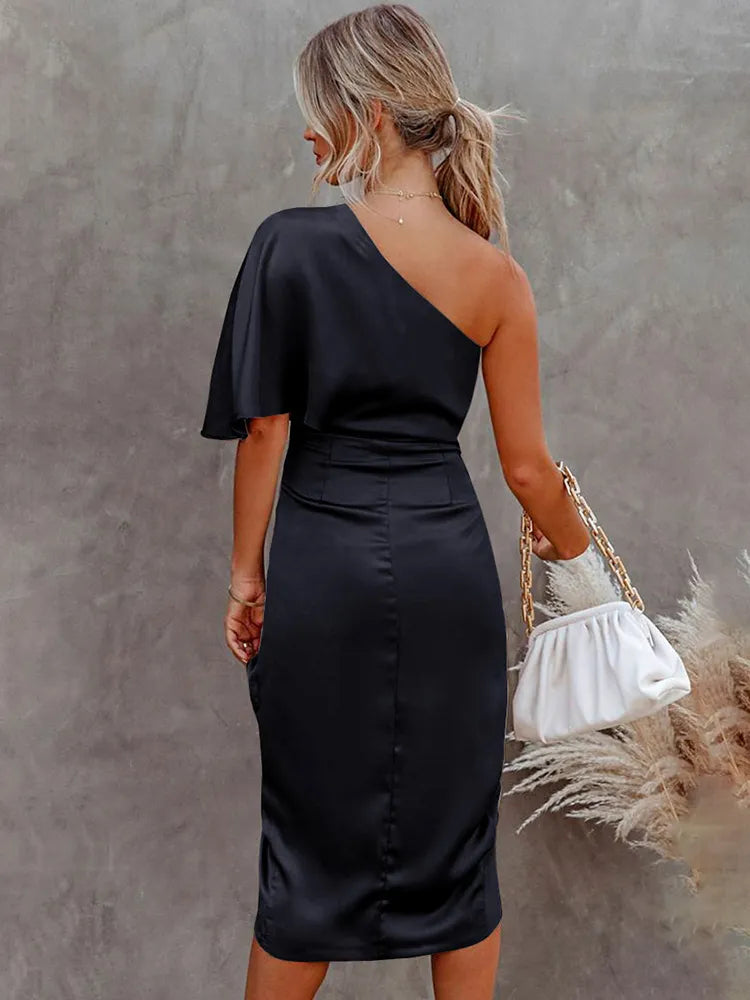 Elegantes One-Shoulder Midikleid mit Satin-Finish für Damen – Figurbetontes Abendkleid mit asymmetrischem Schnitt