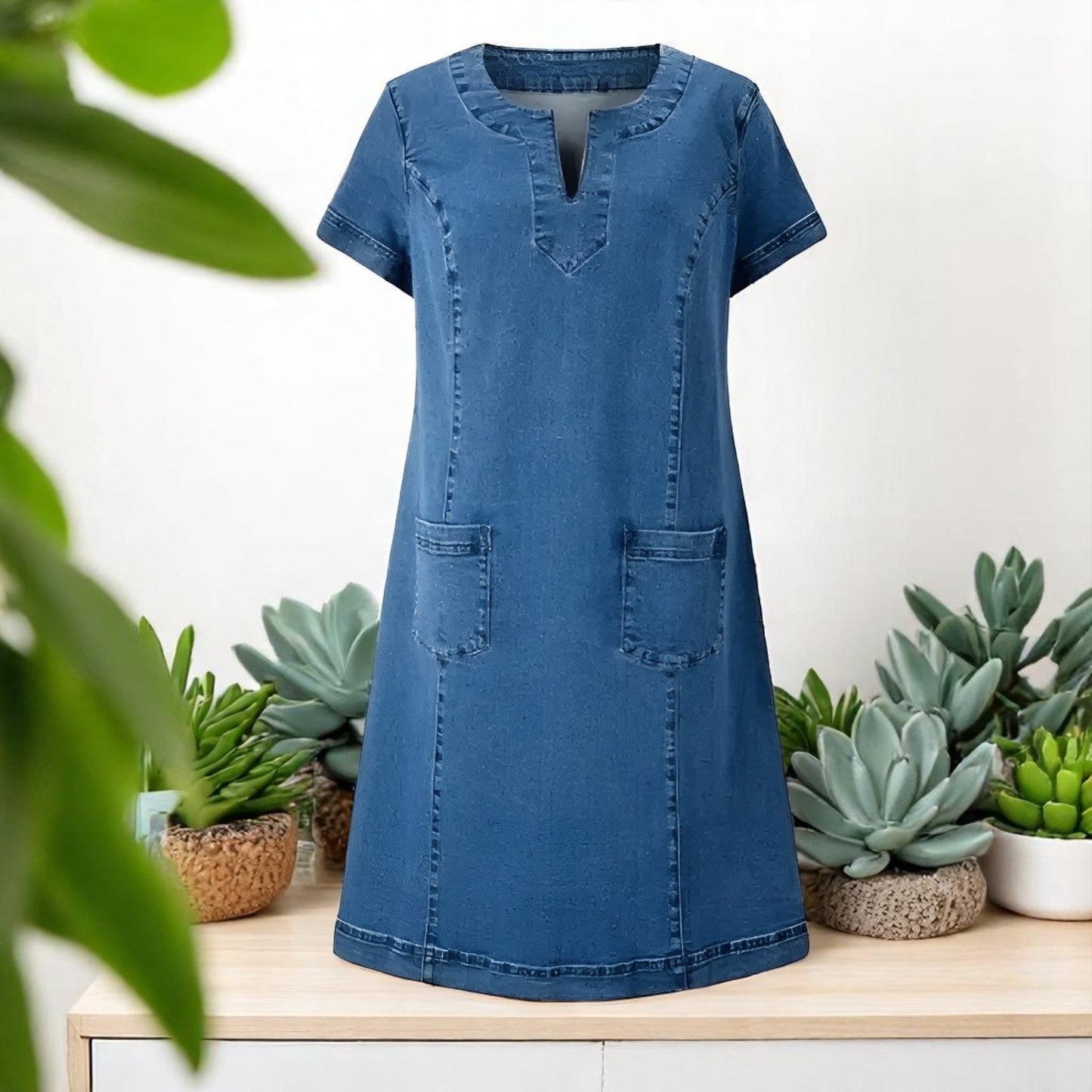 Jeanskleid mit V-Ausschnitt für Damen – Lässiges Kurzarmkleid mit Taschen & Komfortabler Passform