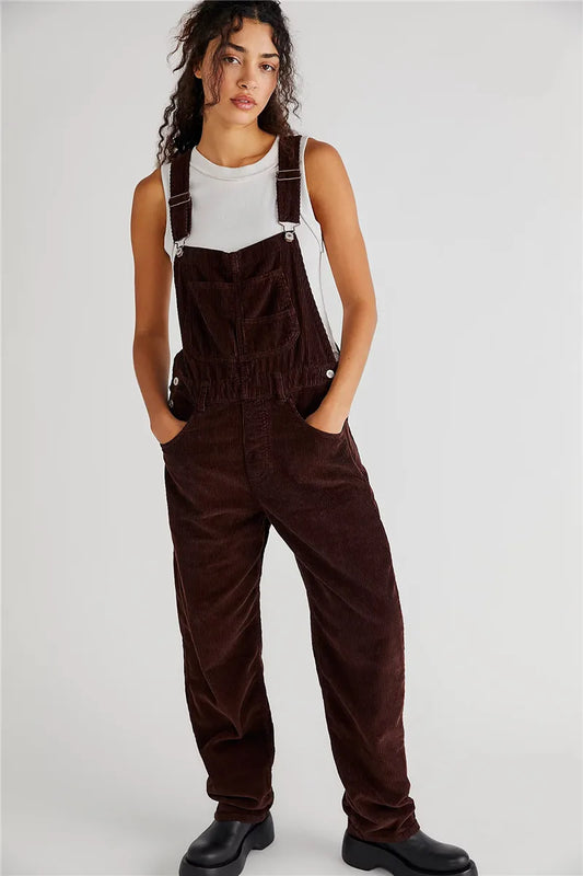 Lässige Damen Latzhose aus Cord mit verstellbaren Trägern und Taschen