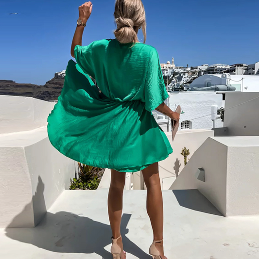 Papillonne - Kurzes Kleid mit Schmetterlingsdruck für Frühling-Sommer, Oversize-Schnitt mit elastischem Bund