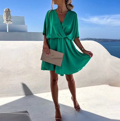Papillonne - Kurzes Kleid mit Schmetterlingsdruck für Frühling-Sommer, Oversize-Schnitt mit elastischem Bund