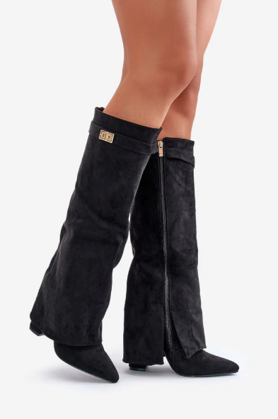 Maëline - Elegante Hohe Stiefel aus Wildleder mit Überschlag und Goldenen Details