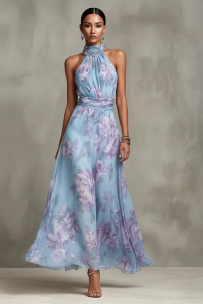 Florales Maxikleid für Damen – Elegantes Halterneck Kleid mit Taillengürtel