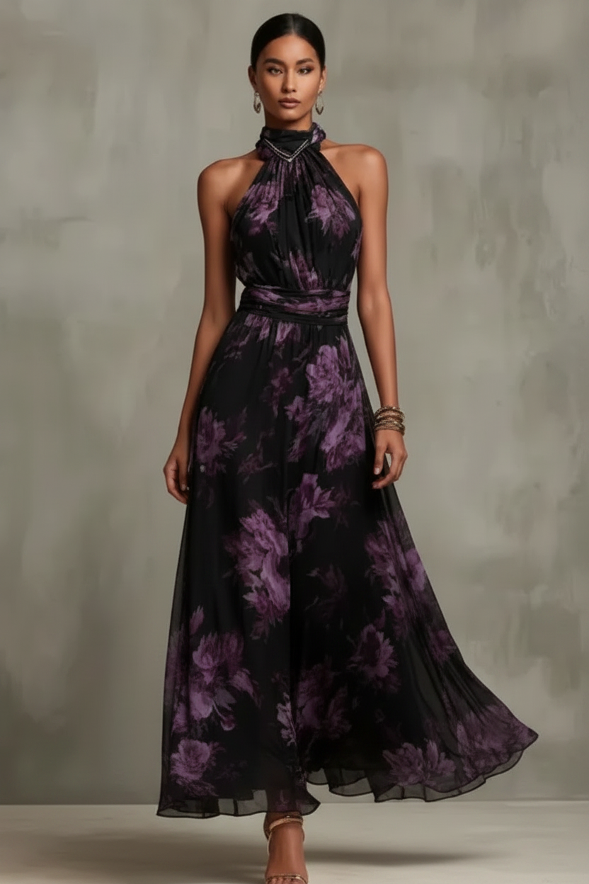 Florales Maxikleid für Damen – Elegantes Halterneck Kleid mit Taillengürtel