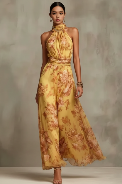 Florales Maxikleid für Damen – Elegantes Halterneck Kleid mit Taillengürtel
