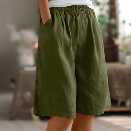 Lässige Leinen Shorts mit Elastikbund für Damen – Bequeme Sommer Bermuda mit Taschen