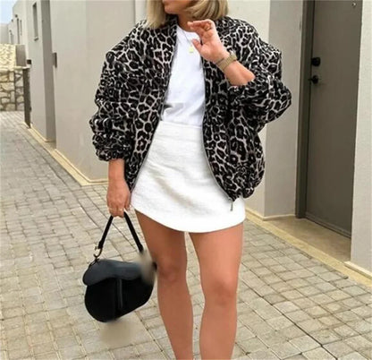 Leopard Print Bomberjacke – Lässige Übergangsjacke mit Reißverschluss für Damen