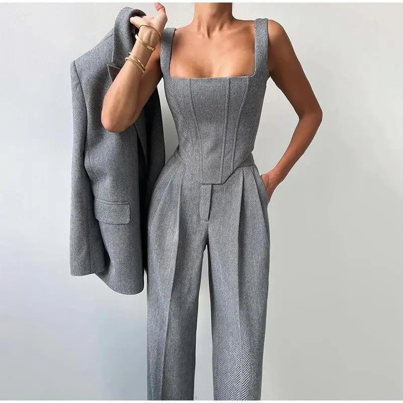 Maëlyse - Dreiteiliges Ensemble Power Elegance Blazer, Corset Top mit Reißverschluss und Hochtaillierte Hose