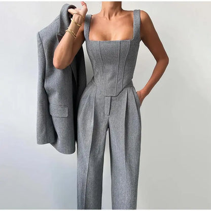 Maëlyse - Dreiteiliges Ensemble Power Elegance Blazer, Corset Top mit Reißverschluss und Hochtaillierte Hose