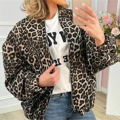 Leopard Print Bomberjacke – Lässige Übergangsjacke mit Reißverschluss für Damen