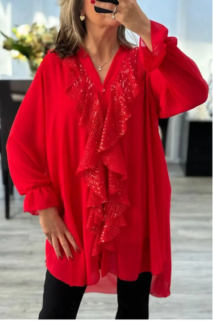 Noésa - Hemdblusenkleid für Damen mit langen Ärmeln, A-Linien-Schnitt, mit funkelnden Volants