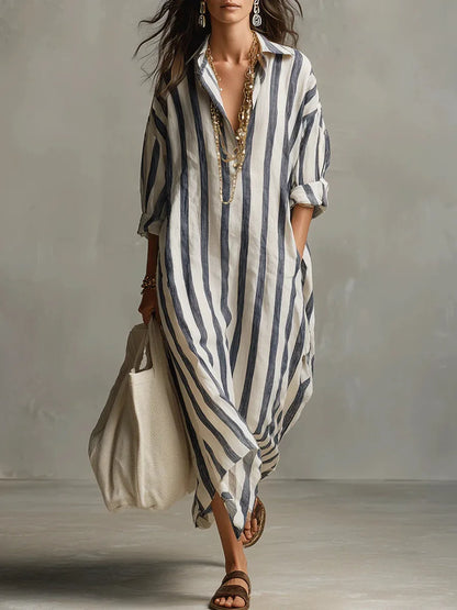 Gestreiftes Maxikleid mit Hemdkragen für Damen – Luftiges Oversize Sommerkleid mit Taschen
