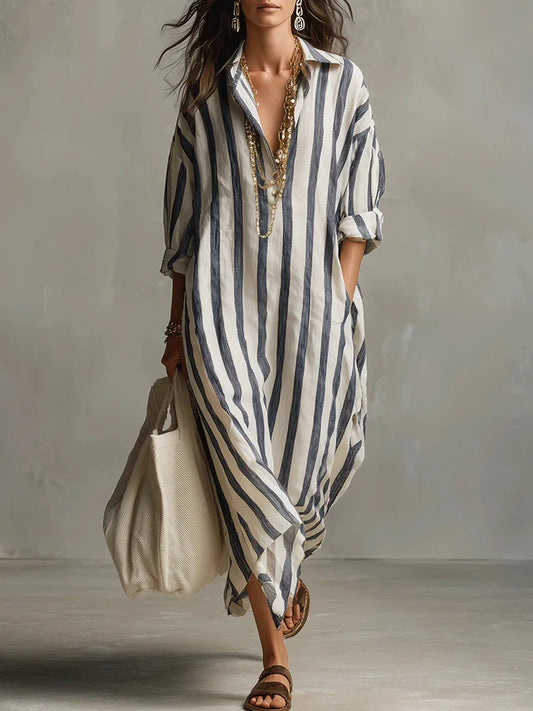 Gestreiftes Maxikleid mit Hemdkragen für Damen – Luftiges Oversize Sommerkleid mit Taschen