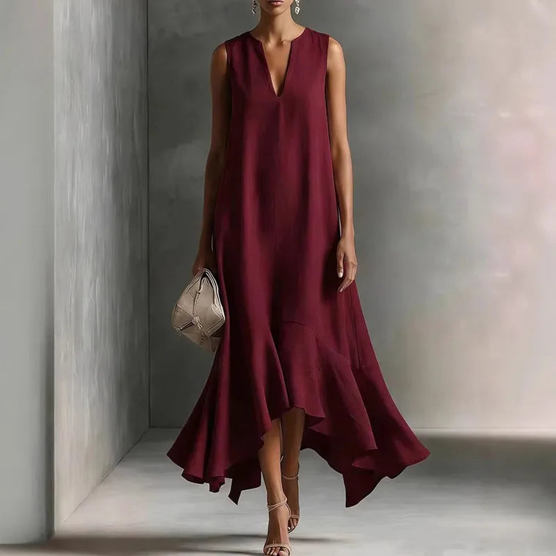 Elegantes Maxikleid mit Volantsaum für Damen – Fließendes A-Linien Kleid mit V-Ausschnitt