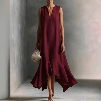 Elegantes Maxikleid mit Volantsaum für Damen – Fließendes A-Linien Kleid mit V-Ausschnitt