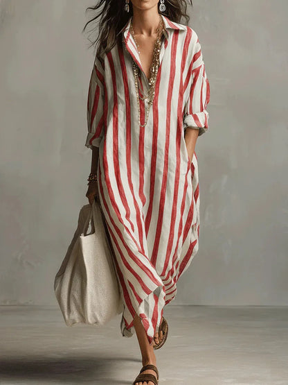 Gestreiftes Maxikleid mit Hemdkragen für Damen – Luftiges Oversize Sommerkleid mit Taschen