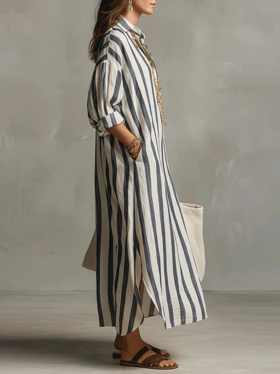 Gestreiftes Maxikleid mit Hemdkragen für Damen – Luftiges Oversize Sommerkleid mit Taschen