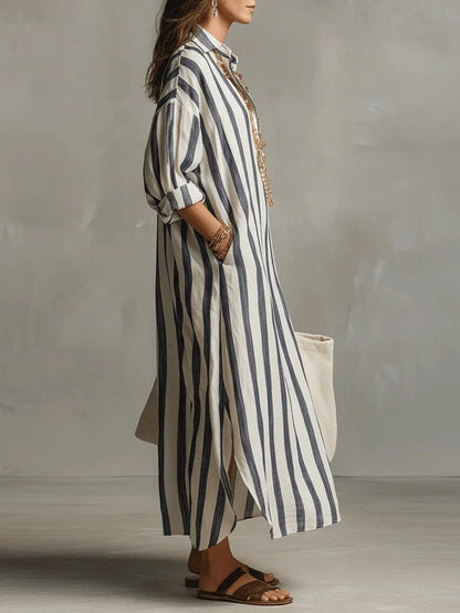 Gestreiftes Maxikleid mit Hemdkragen für Damen – Luftiges Oversize Sommerkleid mit Taschen