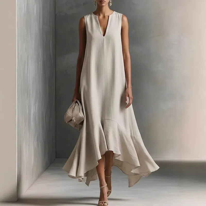 Elegantes Maxikleid mit Volantsaum für Damen – Fließendes A-Linien Kleid mit V-Ausschnitt