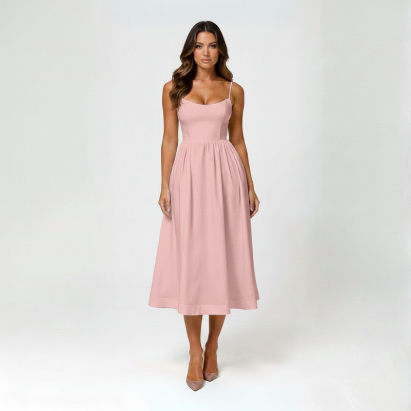 Elegantes Midi Sommerkleid mit Spaghettiträgern & taillierter Passform für Damen – Leicht & Feminin