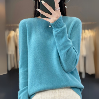 Regina - Bequemer Pullover aus blauer Kaschmirwolle mit Rundhalsausschnitt