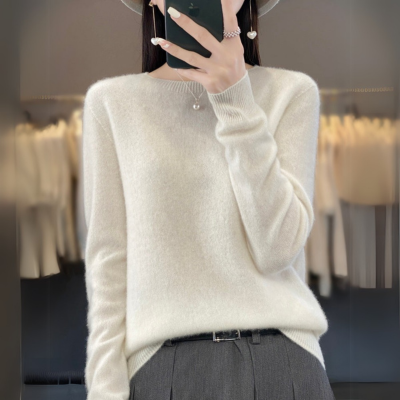 Regina - Bequemer Pullover aus blauer Kaschmirwolle mit Rundhalsausschnitt