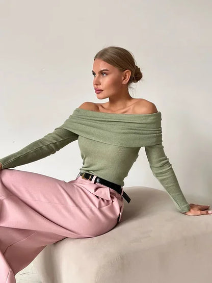 Elegantes Off-Shoulder Langarm Top für Damen – Figurbetontes Stretch Shirt