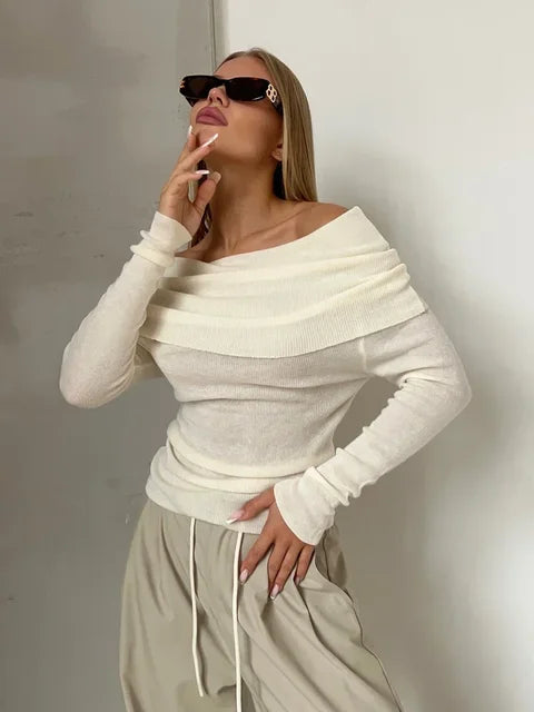 Elegantes Off-Shoulder Langarm Top für Damen – Figurbetontes Stretch Shirt