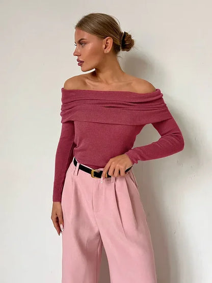 Elegantes Off-Shoulder Langarm Top für Damen – Figurbetontes Stretch Shirt