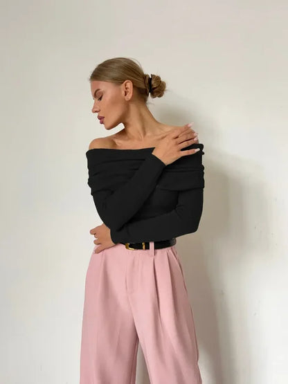 Elegantes Off-Shoulder Langarm Top für Damen – Figurbetontes Stretch Shirt