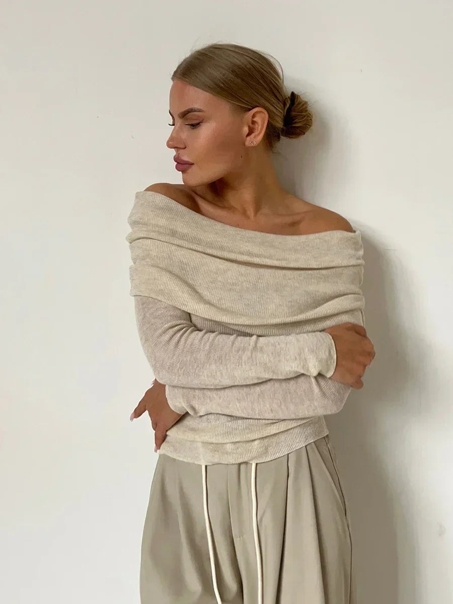 Elegantes Off-Shoulder Langarm Top für Damen – Figurbetontes Stretch Shirt