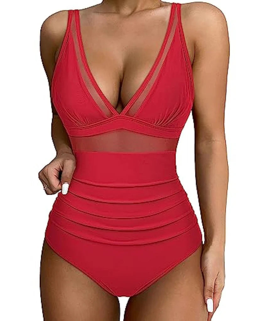 Eleganter Badeanzug für Damen mit Mesh-Details – Tiefem V-Ausschnitt & Figurformend