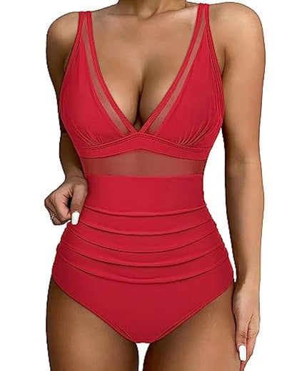 Eleganter Badeanzug für Damen mit Mesh-Details – Tiefem V-Ausschnitt & Figurformend