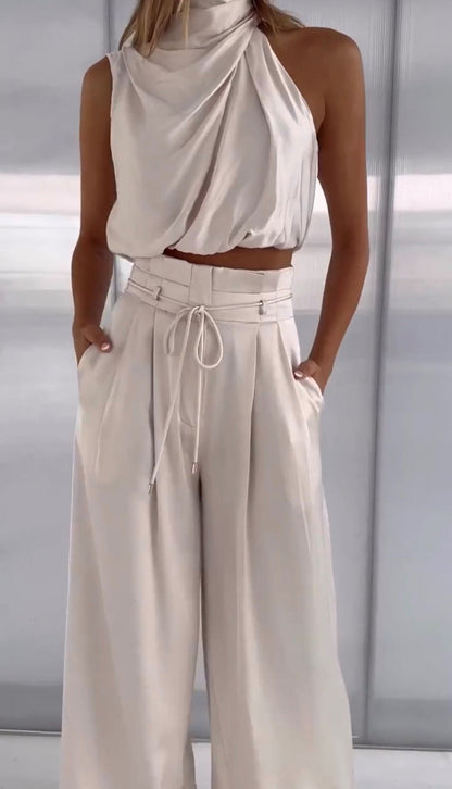 Elegantes Satin Zweiteiler Set mit Neckholder Top für Damen – Weit geschnittene Hose & stilvolles Sommer Outfit