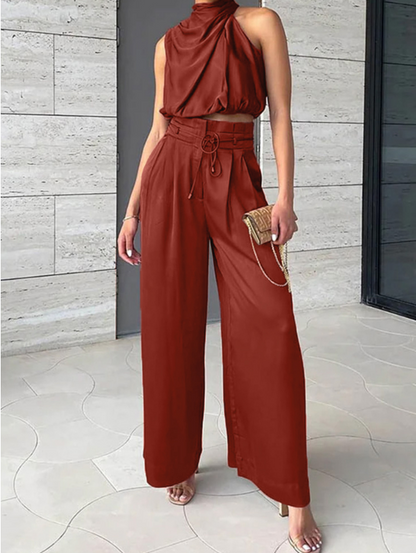 Elegantes Satin Zweiteiler Set mit Neckholder Top für Damen – Weit geschnittene Hose & stilvolles Sommer Outfit