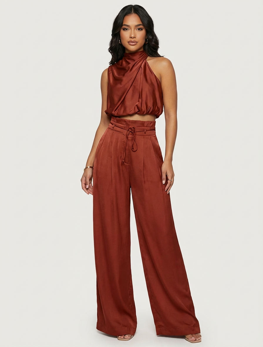 Elegantes Satin Zweiteiler Set mit Neckholder Top für Damen – Weit geschnittene Hose & stilvolles Sommer Outfit