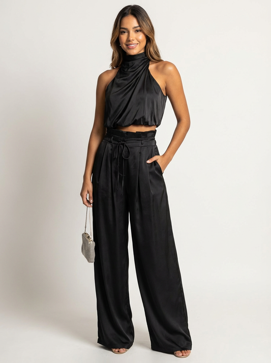 Elegantes Satin Zweiteiler Set mit Neckholder Top für Damen – Weit geschnittene Hose & stilvolles Sommer Outfit